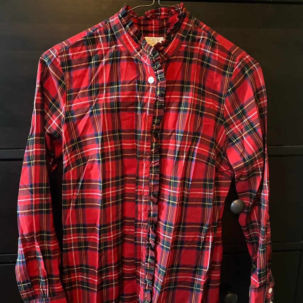 J. Crew ruffle collar tartan blouse